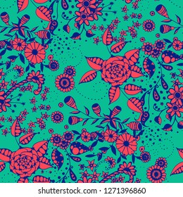 Vector Seamless Background with Wild Flowers in Liberty Style. Summer Floral Texture with Hand Drawn Doodle Blossoms, Leaves and Buds. Small Natural Rapport for Dress, Print, Cotton. Vector.