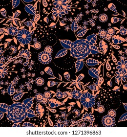 Vector Seamless Background with Wild Flowers in Rustic Style. Summer Floral Texture with Hand Drawn Doodle Blossoms, Leaves and Buds. Small Natural Rapport for Fabric, Cloth, Paper. Vector.