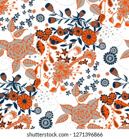 Vector Seamless Background with Wild Flowers in Liberty Style. Autumn Floral Texture with Hand Drawn Doodle Blossoms, Leaves and Buds. Small Natural Rapport for Print, Cotton, Calico. Vector.