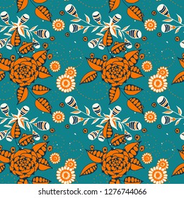 Vector Seamless Background with Wild Flowers in Country Style. Autumn Floral Texture with Hand Drawn Doodle Blossoms, Leaves and Buds. Small Natural Rapport for Dress, Print, Cotton. Vector.