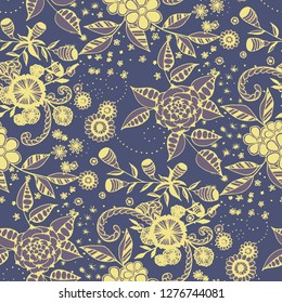 Vector Seamless Background with Wild Flowers in Country Style. Spring Floral Texture with Hand Drawn Doodle Blossoms, Leaves and Buds. Small Natural Rapport for Chintz, Cotton, Calico. Vector.