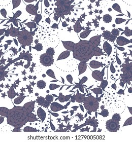 Vector Seamless Background with Wild Flowers in Rustic Style. Summer Floral Texture with Hand Drawn Doodle Blossoms, Leaves and Buds. Small Natural Rapport for Dress, Print, Paper. Vector.