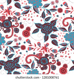 Vector Seamless Background with Wild Flowers in Country Style. Autumn Floral Texture with Hand Drawn Doodle Blossoms, Leaves and Buds. Small Natural Rapport for Fabric, Linen, Textile. Vector.