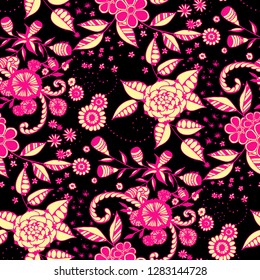 Vector Seamless Background with Wild Flowers in Rustic Style. Summer Floral Texture with Hand Drawn Doodle Blossoms, Leaves and Buds. Small Natural Rapport for Print, Cotton, Calico. Vector.