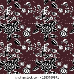 Vector Seamless Background with Wild Flowers in Rustic Style. Spring Floral Texture with Hand Drawn Doodle Blossoms, Leaves and Buds. Small Natural Rapport for Chintz, Linen, Textile. Vector.