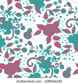 Vector Seamless Background with Wild Flowers in Liberty Style. Summer Floral Texture with Hand Drawn Doodle Blossoms, Leaves and Buds. Small Natural Rapport for Dress, Cloth, Paper. Vector.