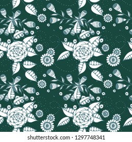 Vector Seamless Background with Wild Flowers in Country Style. Autumn Floral Texture with Hand Drawn Doodle Blossoms, Leaves and Buds. Small Natural Rapport for Print, Cotton, Calico. Vector.