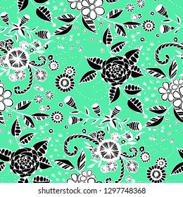 Vector Seamless Background with Wild Flowers in Country Style. Summer Floral Texture with Hand Drawn Doodle Blossoms, Leaves and Buds. Small Natural Rapport for Dress, Cloth, Paper. Vector.