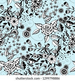 Vector Seamless Background with Wild Flowers in Rustic Style. Autumn Floral Texture with Hand Drawn Doodle Blossoms, Leaves and Buds. Small Natural Rapport for Dress, Print, Paper. Vector.