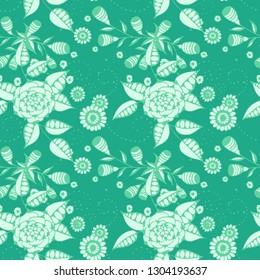 Vector Seamless Background with Wild Flowers in Rustic Style. Summer Floral Texture with Hand Drawn Doodle Blossoms, Leaves and Buds. Small Natural Rapport for Dress, Print, Cotton. Vector.