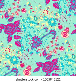 Vector Seamless Background with Wild Flowers in Country Style. Autumn Floral Texture with Hand Drawn Doodle Blossoms, Leaves and Buds. Small Natural Rapport for Dress, Print, Paper. Vector.