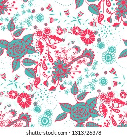 Vector Seamless Background with Wild Flowers in Rustic Style. Autumn Floral Texture with Hand Drawn Doodle Blossoms, Leaves and Buds. Small Natural Rapport for Chintz, Cotton, Calico. Vector.