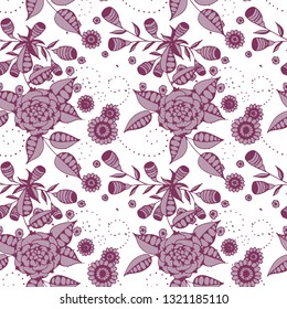 Vector Seamless Background with Wild Flowers in Liberty Style. Spring Floral Texture with Hand Drawn Doodle Blossoms, Leaves and Buds. Small Natural Rapport for Fabric, Cloth, Textile. Vector.