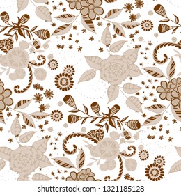 Vector Seamless Background with Wild Flowers in Rustic Style. Autumn Floral Texture with Hand Drawn Doodle Blossoms, Leaves and Buds. Small Natural Rapport for Chintz, Linen, Textile. Vector.