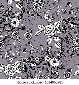 Vector Seamless Background with Wild Flowers in Liberty Style. Spring Floral Texture with Hand Drawn Doodle Blossoms, Leaves and Buds. Small Natural Rapport for Fabric, Cloth, Paper. Vector.