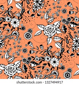 Vector Seamless Background with Wild Flowers in Liberty Style. Spring Floral Texture with Hand Drawn Doodle Blossoms, Leaves and Buds. Small Natural Rapport for Dress, Print, Paper. Vector.