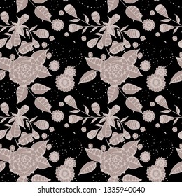 Vector Seamless Background with Wild Flowers in Rustic Style. Spring Floral Texture with Hand Drawn Doodle Blossoms, Leaves and Buds. Small Natural Rapport for Chintz, Linen, Textile. Vector.