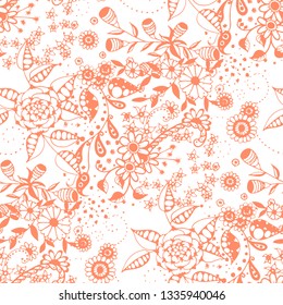 Vector Seamless Background with Wild Flowers in Rustic Style. Autumn Floral Texture with Hand Drawn Doodle Blossoms, Leaves and Buds. Small Natural Rapport for Fabric, Linen, Textile. Vector.
