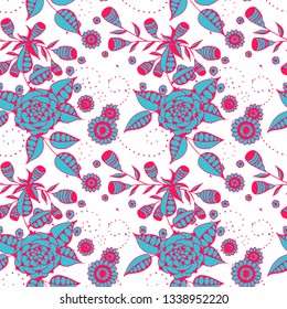 Vector Seamless Background with Wild Flowers in Rustic Style. Spring Floral Texture with Hand Drawn Doodle Blossoms, Leaves and Buds. Small Natural Rapport for Fabric, Cloth, Paper. Vector.
