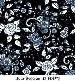 Vector Seamless Background with Wild Flowers in Rustic Style. Autumn Floral Texture with Hand Drawn Doodle Blossoms, Leaves and Buds. Small Natural Rapport for Dress, Print, Paper. Vector.