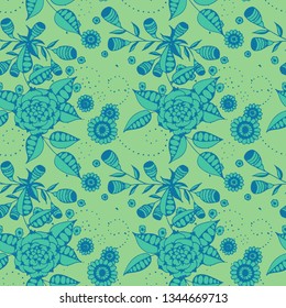 Vector Seamless Background with Wild Flowers in Country Style. Spring Floral Texture with Hand Drawn Doodle Blossoms, Leaves and Buds. Small Natural Rapport for Fabric, Linen, Textile. Vector.