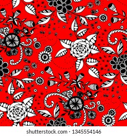 Vector Seamless Background with Wild Flowers in Liberty Style. Autumn Floral Texture with Hand Drawn Doodle Blossoms, Leaves and Buds. Small Natural Rapport for Chintz, Linen, Textile. Vector.
