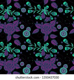 Vector Seamless Background with Wild Flowers in Rustic Style. Autumn Floral Texture with Hand Drawn Doodle Blossoms, Leaves and Buds. Small Natural Rapport for Chintz, Linen, Textile. Vector.
