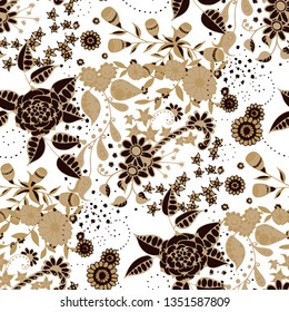 Vector Seamless Background with Wild Flowers in Rustic Style. Autumn Floral Texture with Hand Drawn Doodle Blossoms, Leaves and Buds. Small Natural Rapport for Fabric, Linen, Textile. Vector.
