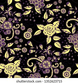 Vector Seamless Background with Wild Flowers in Liberty Style. Summer Floral Texture with Hand Drawn Doodle Blossoms, Leaves and Buds. Small Natural Rapport for Chintz, Linen, Calico. Vector.