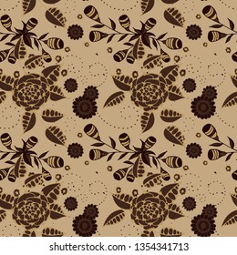 Vector Seamless Background with Wild Flowers in Rustic Style. Summer Floral Texture with Hand Drawn Doodle Blossoms, Leaves and Buds. Small Natural Rapport for Dress, Print, Cotton. Vector.