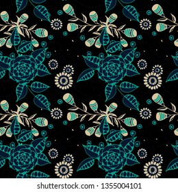 Vector Seamless Background with Wild Flowers in Country Style. Spring Floral Texture with Hand Drawn Doodle Blossoms, Leaves and Buds. Small Natural Rapport for Fabric, Cloth, Paper. Vector.