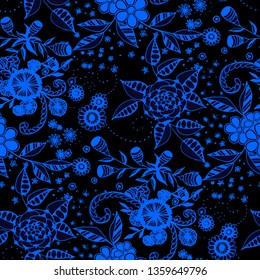 Vector Seamless Background with Wild Flowers in Rustic Style. Autumn Floral Texture with Hand Drawn Doodle Blossoms, Leaves and Buds. Small Natural Rapport for Fabric, Cloth, Textile. Vector.