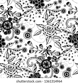 Vector Seamless Background with Wild Flowers in Rustic Style. Spring Floral Texture with Hand Drawn Doodle Blossoms, Leaves and Buds. Small Natural Rapport for Chintz, Linen, Textile. Vector.