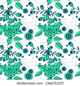 Vector Seamless Background with Wild Flowers in Liberty Style. Summer Floral Texture with Hand Drawn Doodle Blossoms, Leaves and Buds. Small Natural Rapport for Print, Cotton, Calico. Vector.