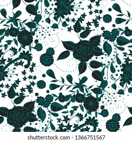 Vector Seamless Background with Wild Flowers in Liberty Style. Summer Floral Texture with Hand Drawn Doodle Blossoms, Leaves and Buds. Small Natural Rapport for Fabric, Linen, Textile. Vector.