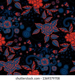 Vector Seamless Background with Wild Flowers in Rustic Style. Summer Floral Texture with Hand Drawn Doodle Blossoms, Leaves and Buds. Small Natural Rapport for Fabric, Linen, Textile. Vector.
