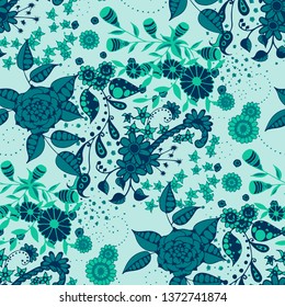 Vector Seamless Background with Wild Flowers in Liberty Style. Autumn Floral Texture with Hand Drawn Doodle Blossoms, Leaves and Buds. Small Natural Rapport for Dress, Cloth, Paper. Vector.