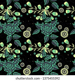 Vector Seamless Background with Wild Flowers in Rustic Style. Spring Floral Texture with Hand Drawn Doodle Blossoms, Leaves and Buds. Small Natural Rapport for Fabric, Linen, Textile. Vector.