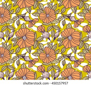 Vector seamless background with  wild roses, vintage style. Hand drawn fabric design. Stylish bright floral seamless pattern.