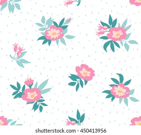 Vector seamless background with  wild roses, vintage style. Hand drawn fabric design. Stylish bright floral seamless pattern.