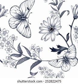 Vector seamless background. Wildflowers and butterflies. Design for fabrics, textiles, paper, wallpaper, web. Retro. Vintage style. Floral ornament.