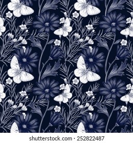 Vector seamless background. Wildflowers and butterflies. Design for fabrics, textiles, paper, wallpaper, web. Retro. Vintage style. Floral ornament.