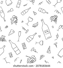 Vector seamless background. Wine bottle, cheese, grapes and corkscrew drawn as doodle