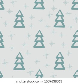 Vector seamless background winter holiday of christmas tree and snowflakes. Holiday concept. Suitable for gift paper, decoration, printing on fabric, decor, scrapbook.