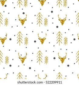 Vector seamless background with winter holiday symbol and gold glitter. Christmas and New Year concept