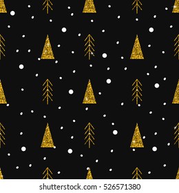 Vector seamless background with winter holiday symbol and gold glitter. Christmas and New Year concept