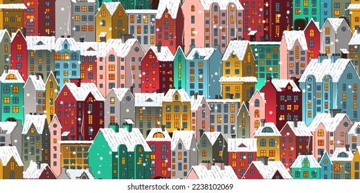 Vector seamless background with a winter town. Hand drawn colorful houses with falling snow. Stock vector background.