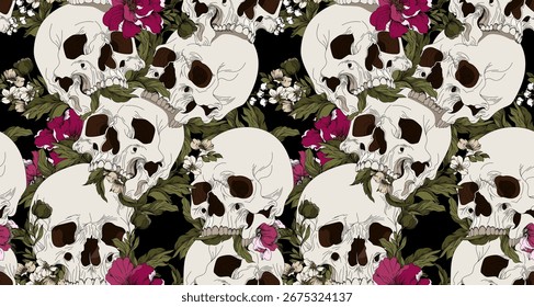 Vector de fondo sin fisuras. Coronas de flores de jardín y calaveras.