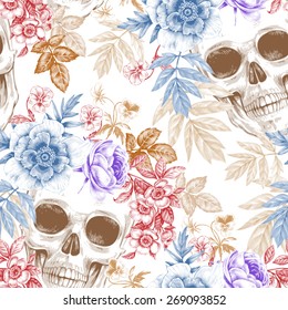 Vector seamless background. Wreaths of garden flowers and skulls. Roses, peonies. Design for fabrics, textiles, paper, wallpaper, web. Retro. Vintage style. Floral ornament.