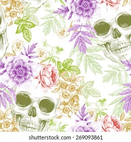 Vector seamless background. Wreaths of garden flowers and skulls. Roses, peonies. Design for fabrics, textiles, paper, wallpaper, web. Retro. Vintage style. Floral ornament.